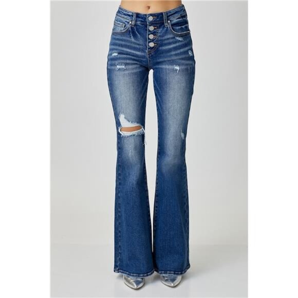 NWT RISEN Distressed Button-Fly Flare Jeans, Slightly Stretchy, Dark Wash - Picture 4 of 7